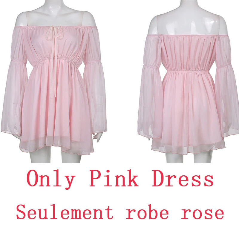Chiffon Slash Neck Mini Dress Women Summer Beach Vacation Long Sleeve Corset Bandage Sundress Party Casual Dresses Pink