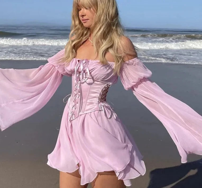 Chiffon Slash Neck Mini Dress Women Summer Beach Vacation Long Sleeve Corset Bandage Sundress Party Casual Dresses Pink